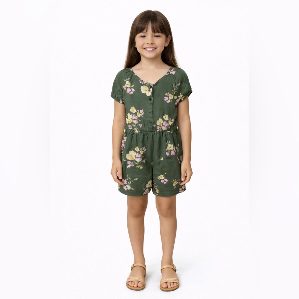 Old Navy Girls Floral Romper Green Smocked Back Size S 6/7